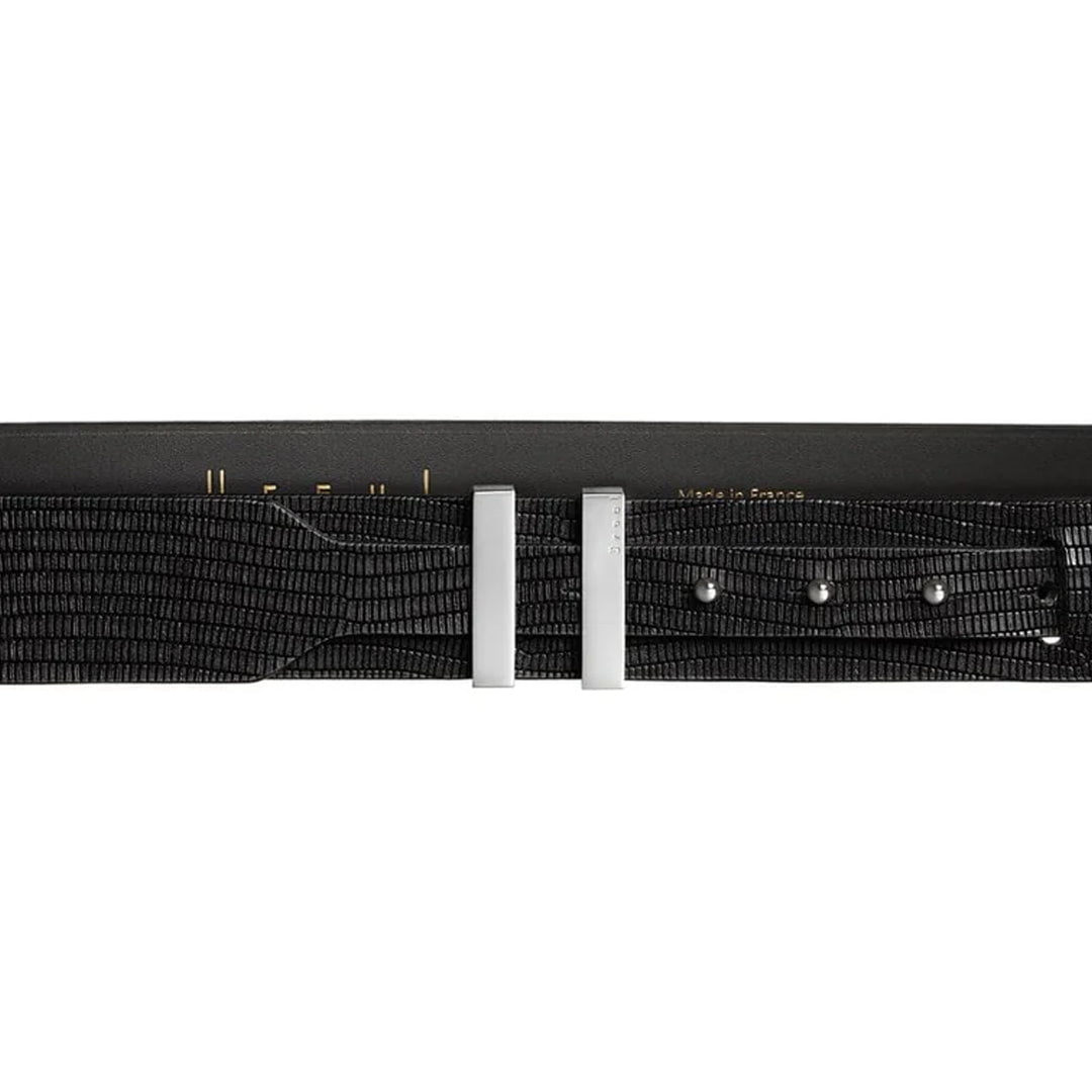 Détail de la boucle argent poli et du système SPARTIATE sur ceinture cuir iguane noir